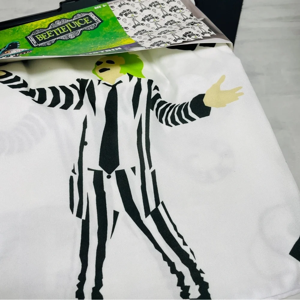 NEW Beetlejuice Shower Curtain White Striped Suit Sandworm Graphic 70 x 72
